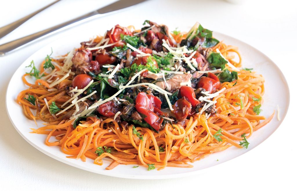 Kumara ‘pasta’ with tuna and tomato