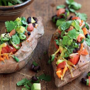 Kumara with black beans, jalapeno and avocado
