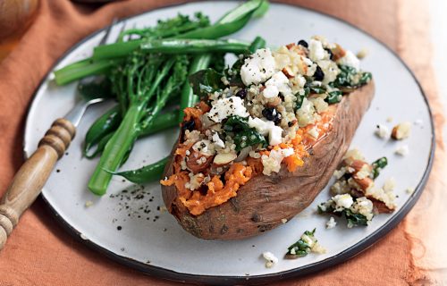 Kumara with quinoa, silver beet, almonds and feta