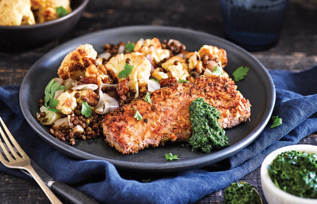 Lamb schnitzel with cauliflower and lentil salad and mint pesto Lamb schnitzel with cauliflower and lentil salad and mint pesto
