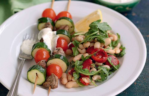 Lamb and courgette skewers with yoghurt mint dressing