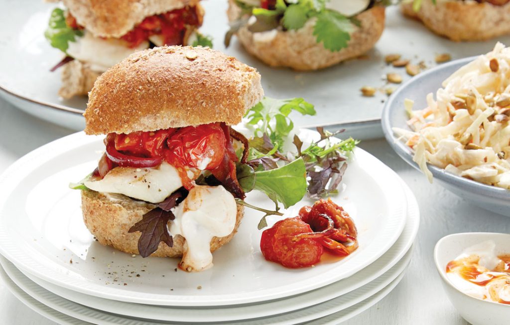 Lemon grilled fish burger with roasted tomato salsa Lemon grilled fish burger with roasted tomato salsa