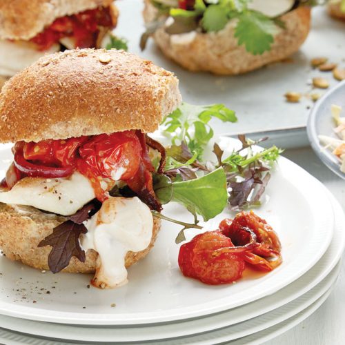 Lemon grilled fish burger with roasted tomato salsa