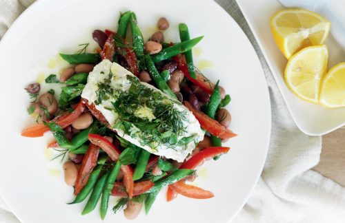 Light lemon and herb fish with mixed-bean salad