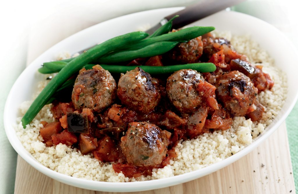 Meatballs in tomato and eggplant sauce with couscous Meatballs in tomato and eggplant sauce with couscous