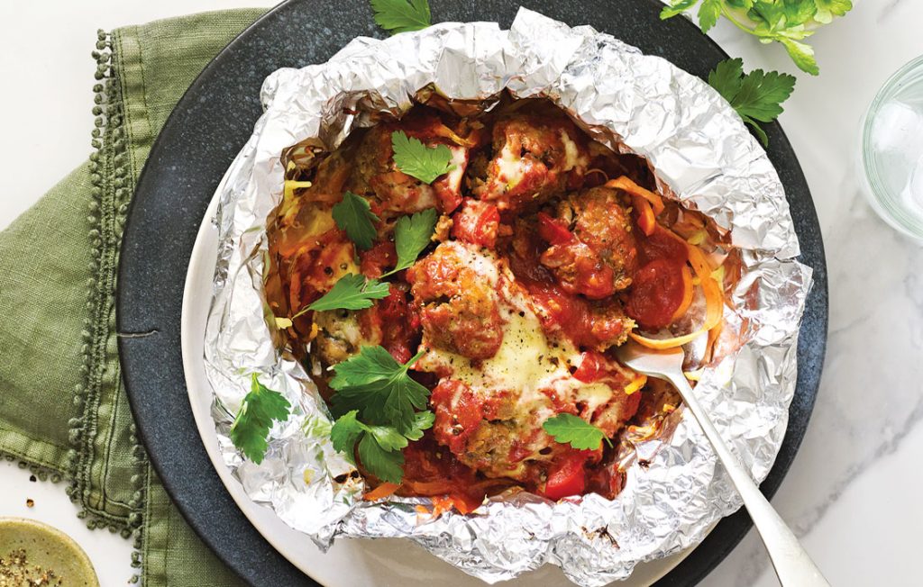 Meatballs with kumara ‘spaghetti’ Foil with meatballs, vegetables and vegetables