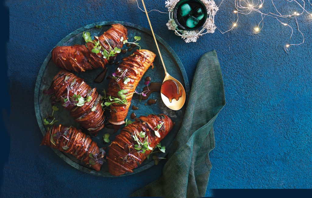 Sticky miso hasselback kumara with pear and sage Sticky miso hasselback kumara with pear and sage