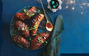 Sticky miso hasselback kumara with pear and sage