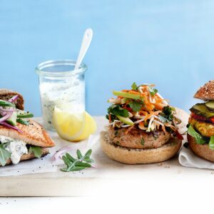Moroccan pumpkin, chickpea and haloumi burgers