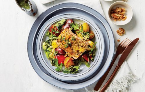 Oat, walnut and thyme crusted salmon with potato salad