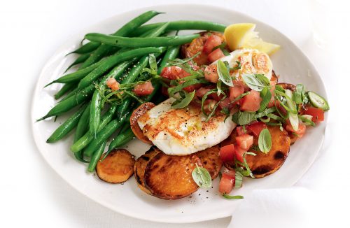 Pan-fried snapper with tomato and basil salsa