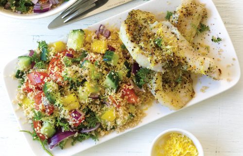 Pan-seared fish with couscous tabbouleh salad