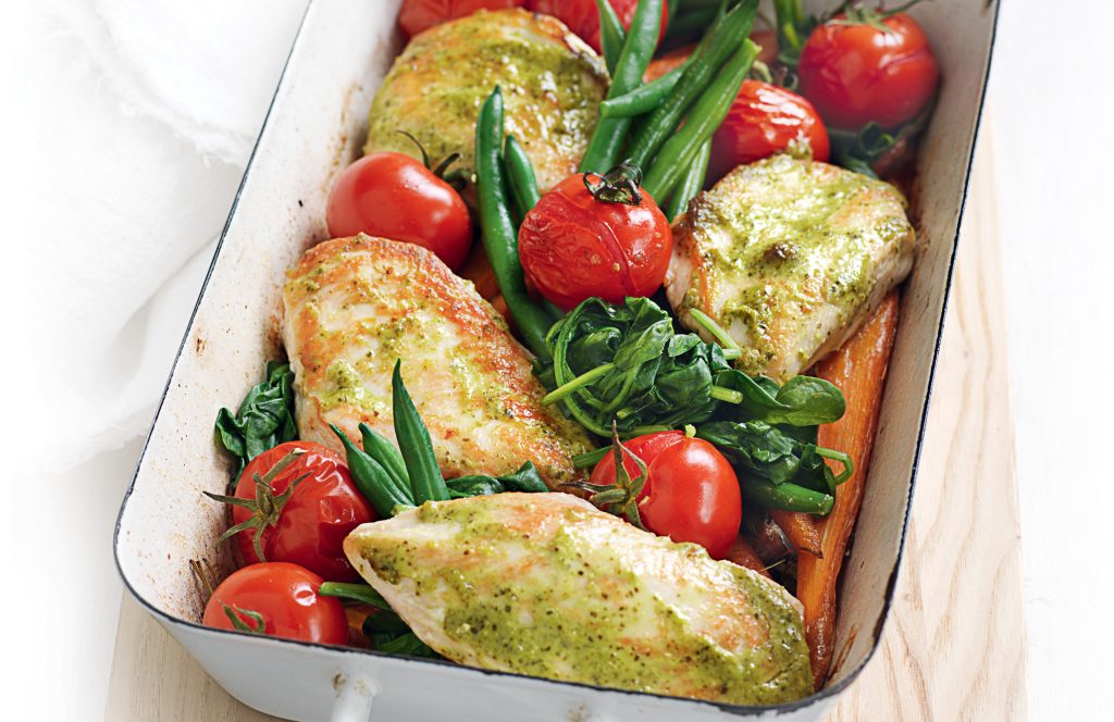 Pesto chicken tray bake