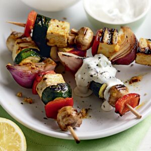 Piri piri tofu kebabs with couscous