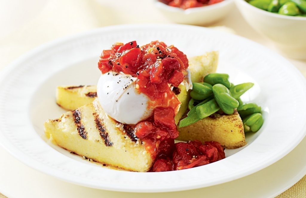Poached egg on polenta with tomato relish Poached egg on polenta with tomato relish