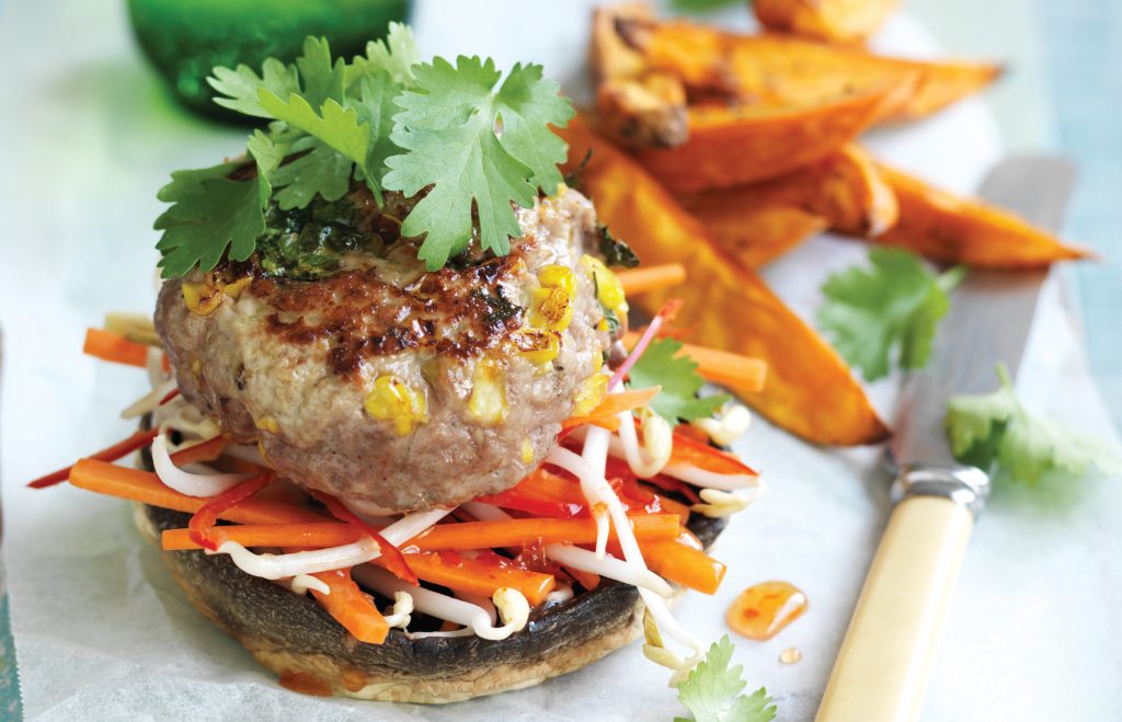Pork and mushroom ‘burgers’ with kumara Pork and mushroom ‘burgers’ with kumara