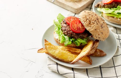 Portobello beef burger and wedges