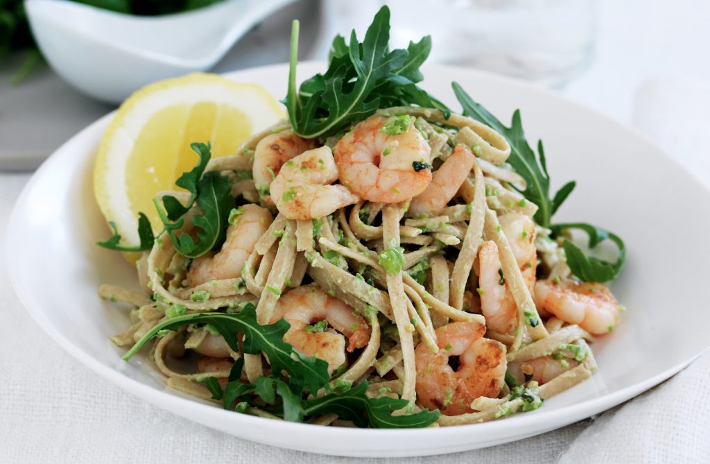 Prawn pasta with pea pesto Prawn pasta with pea pesto