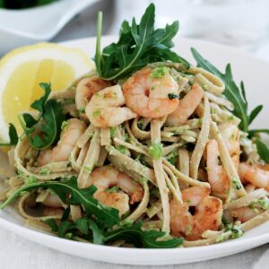 Prawn pasta with pea pesto
