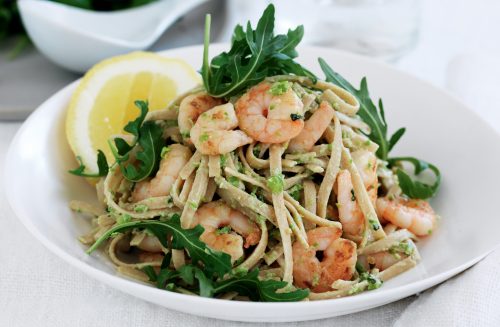 Prawn pasta with pea pesto