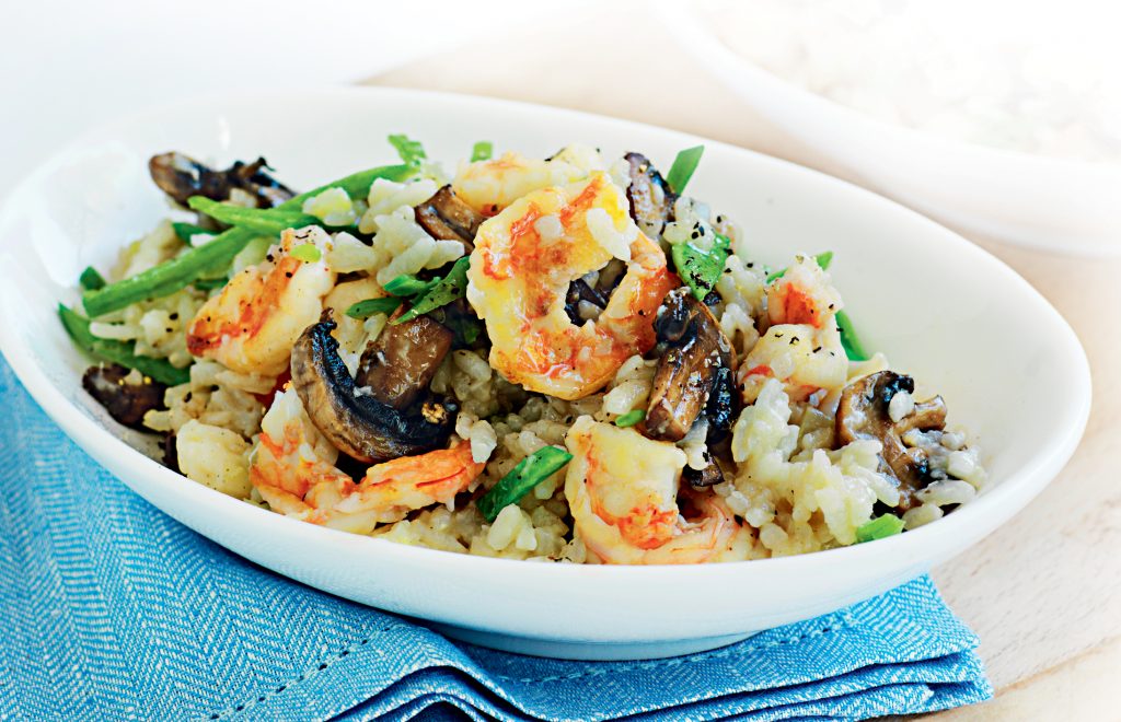 Prawn, snow pea and Asian mushroom risotto