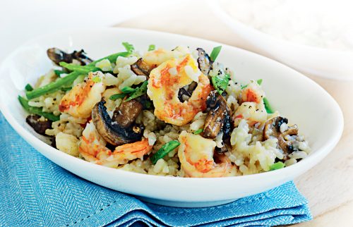 Prawn, snow pea and Asian mushroom risotto