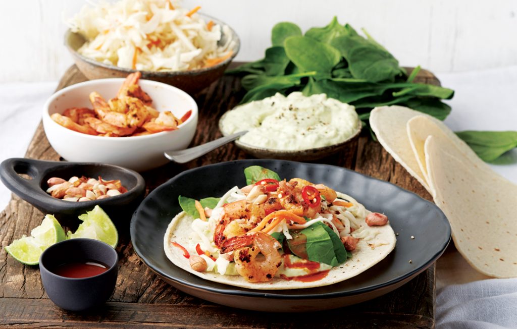 Prawn tacos with lime and avocado cream