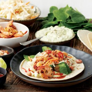 Prawn tacos with lime and avocado cream