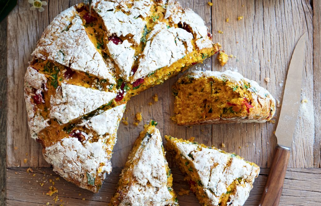 Pumpkin, roasted capsicum and spinach damper Pumpkin, roasted capsicum and spinach damper