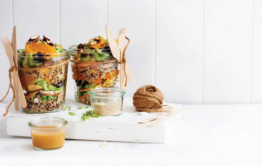 Tri-coloured quinoa salad jars