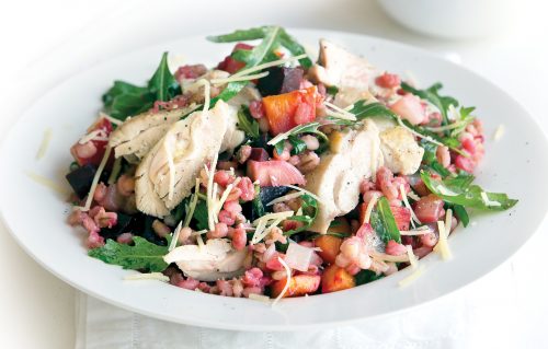 Roasted chicken, beetroot and pumpkin with rocket barley risotto