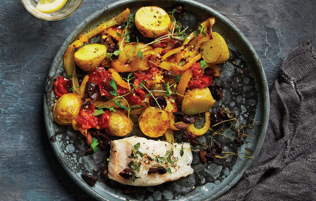 Roasted fish with warm capsicum and olive salad Roasted fish with warm capsicum and olive salad
