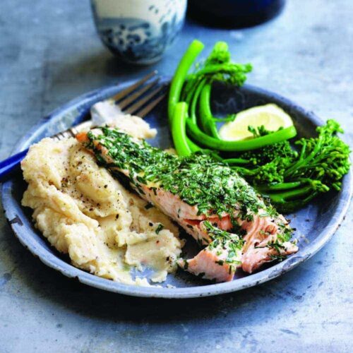 Roasted herb salmon on white bean mash