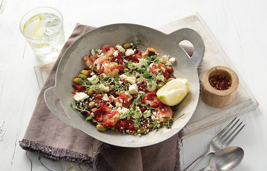 Saganaki prawns with greens