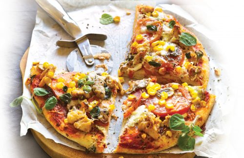Salmon and mushroom pizza