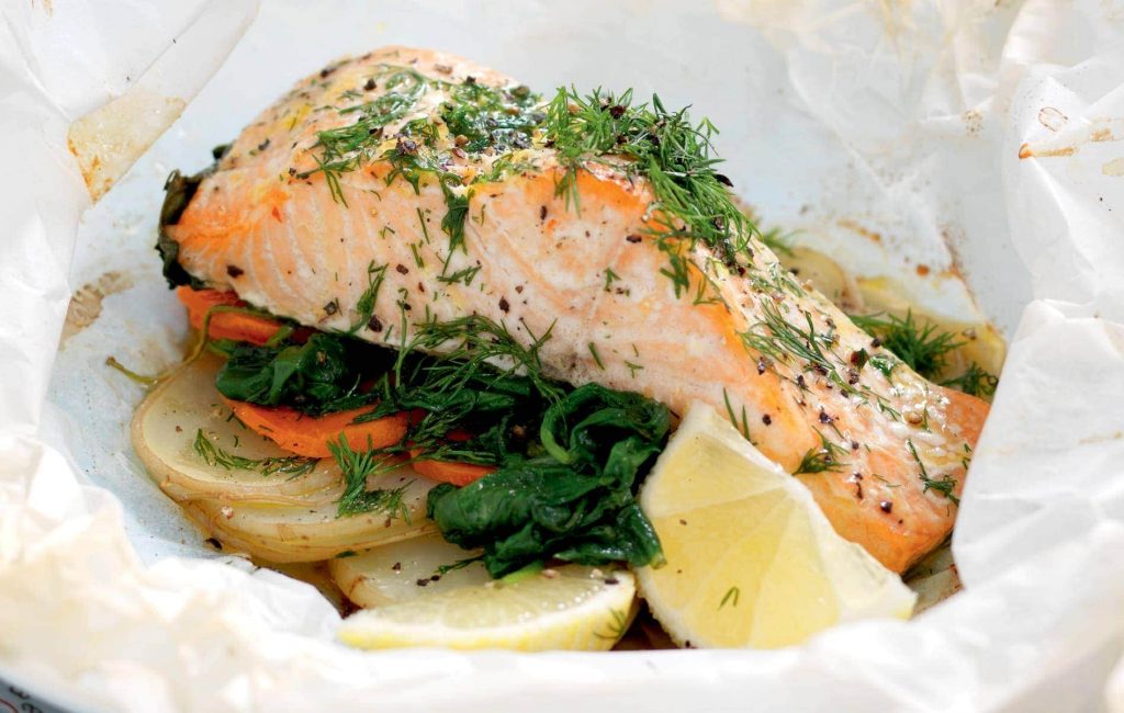 Salmon, spinach and potato parcel