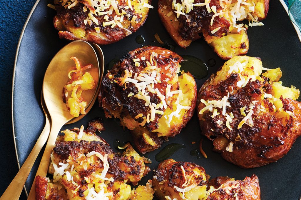 Smashed crispy roast potatoes with turmeric and coconut Smashed crispy roast potatoes with turmeric and coconut