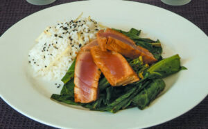 Soy-seared tuna with ginger rice and Asian greens