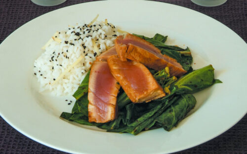Soy-seared tuna with ginger rice and Asian greens