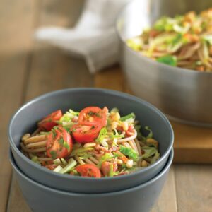 Spaghetti with bacon and Brussels sprouts