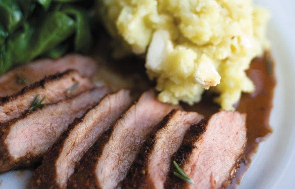 Spice-rubbed lamb with kumara and feta mash Spice-rubbed lamb with kumara and feta mash