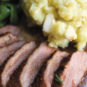 Spice-rubbed lamb with kumara and feta mash