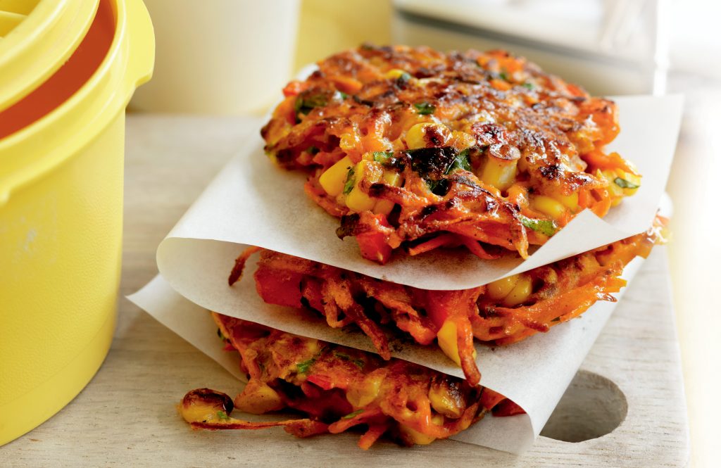 Spiced carrot, capsicum and corn fritters Spiced carrot, capsicum and corn fritters