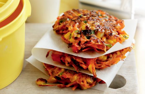 Spiced carrot, capsicum and corn fritters