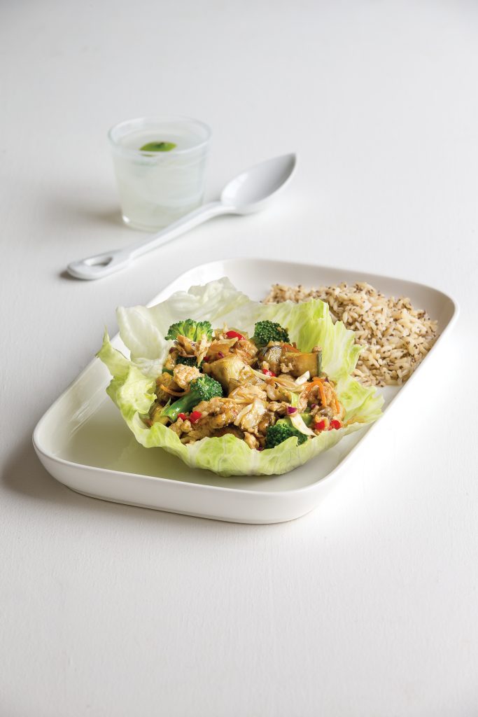 Spicy chicken and eggplant in lettuce cups