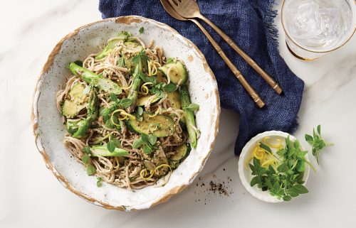 Spring vegie noodles with walnut pesto
