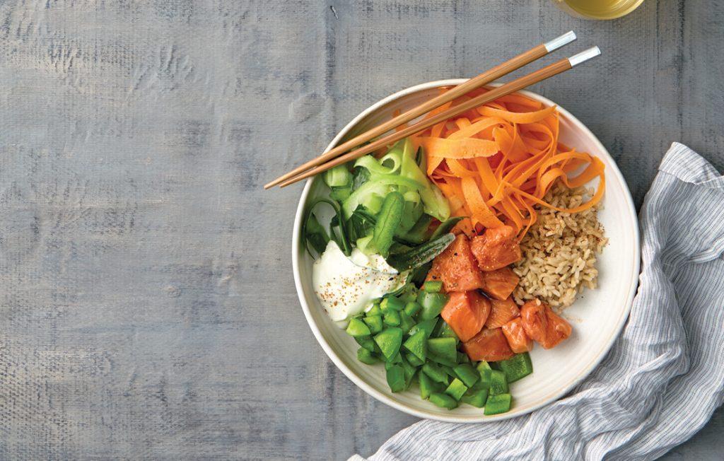 Sushi salad bowl with marinated salmon and wasabi mayo Sushi salad bowl with marinated salmon and wasabi mayo