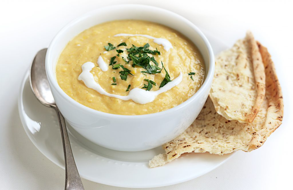 Sweet corn soup with parmesan toasts