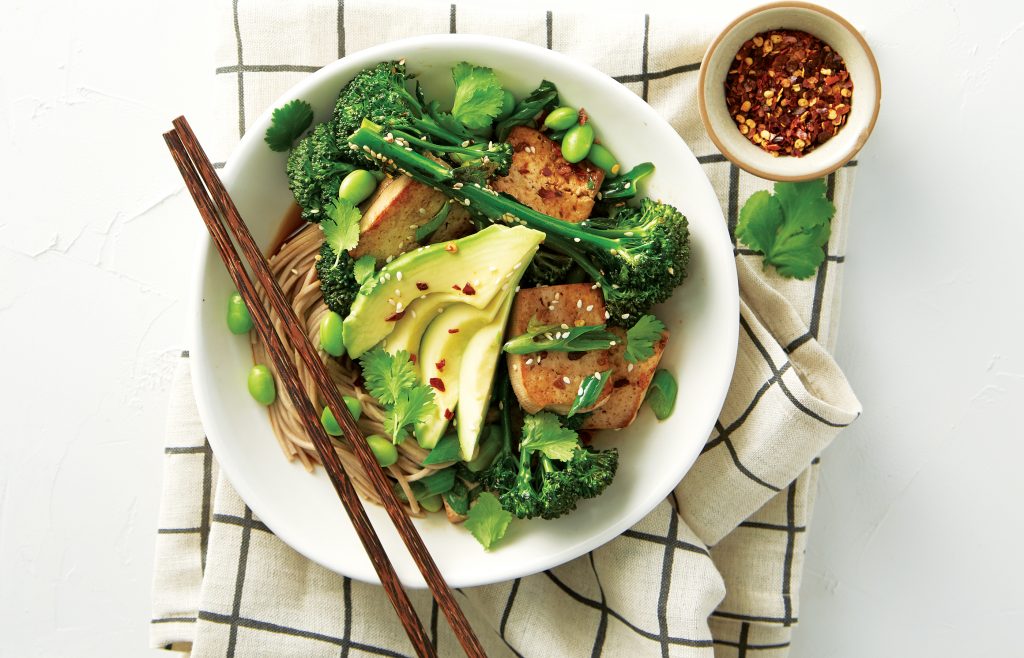 Teriyaki tofu with soba and greens