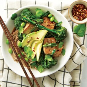 Teriyaki tofu with soba and greens